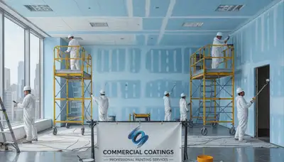 Omaha commercial painters applying durable finish to business exterior, NE