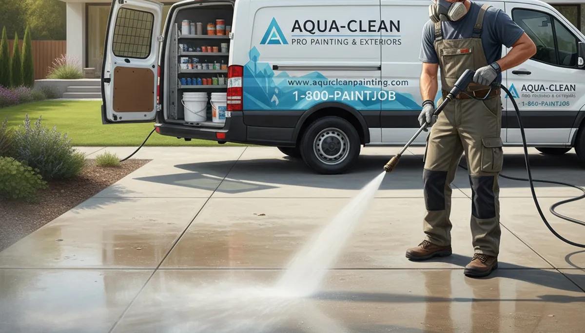 Omaha Paint Pros cleaning concrete driveway in Omaha, NE with professional pressure washing service