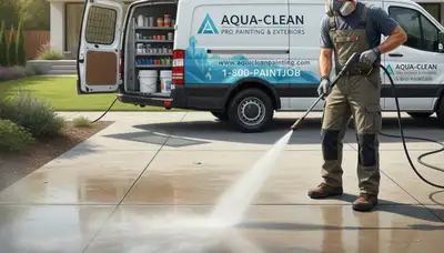 Omaha Paint Pros cleaning concrete driveway in Omaha, NE with professional pressure washing service