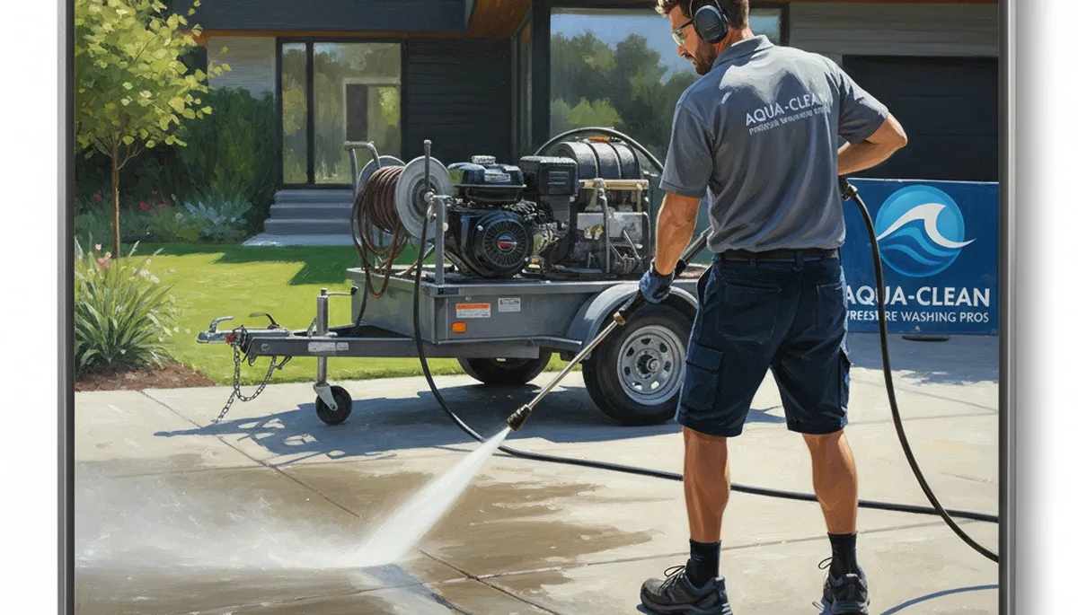 Omaha Paint Pros cleaning concrete driveway in Omaha, NE with pressure washing equipment