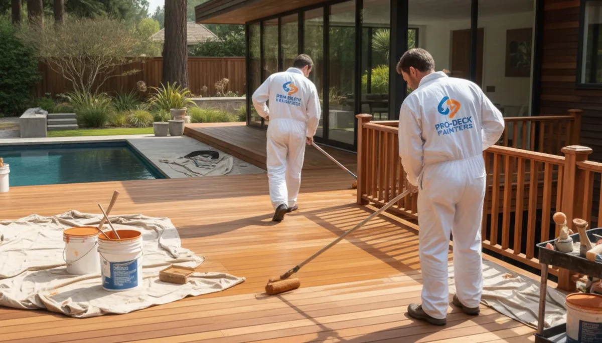 Omaha Paint Pros painting a wooden deck in Omaha, NE for weather-resistant protection