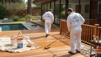 Omaha Paint Pros painting a wooden deck in Omaha, NE for weather-resistant protection