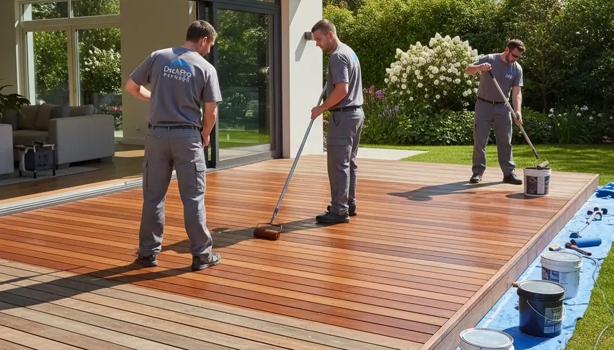 Deck painting service in Omaha, NE protecting wood from humidity, UV, and storm damage