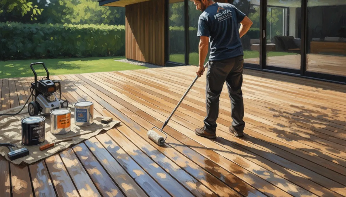 Omaha Paint Pros sealing a wood deck in Omaha, NE for weather protection and long-lasting durability