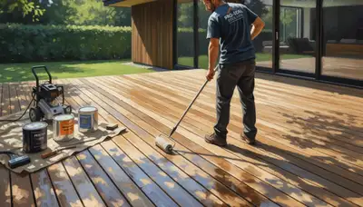 Omaha Paint Pros sealing a wood deck in Omaha, NE for weather protection and long-lasting durability