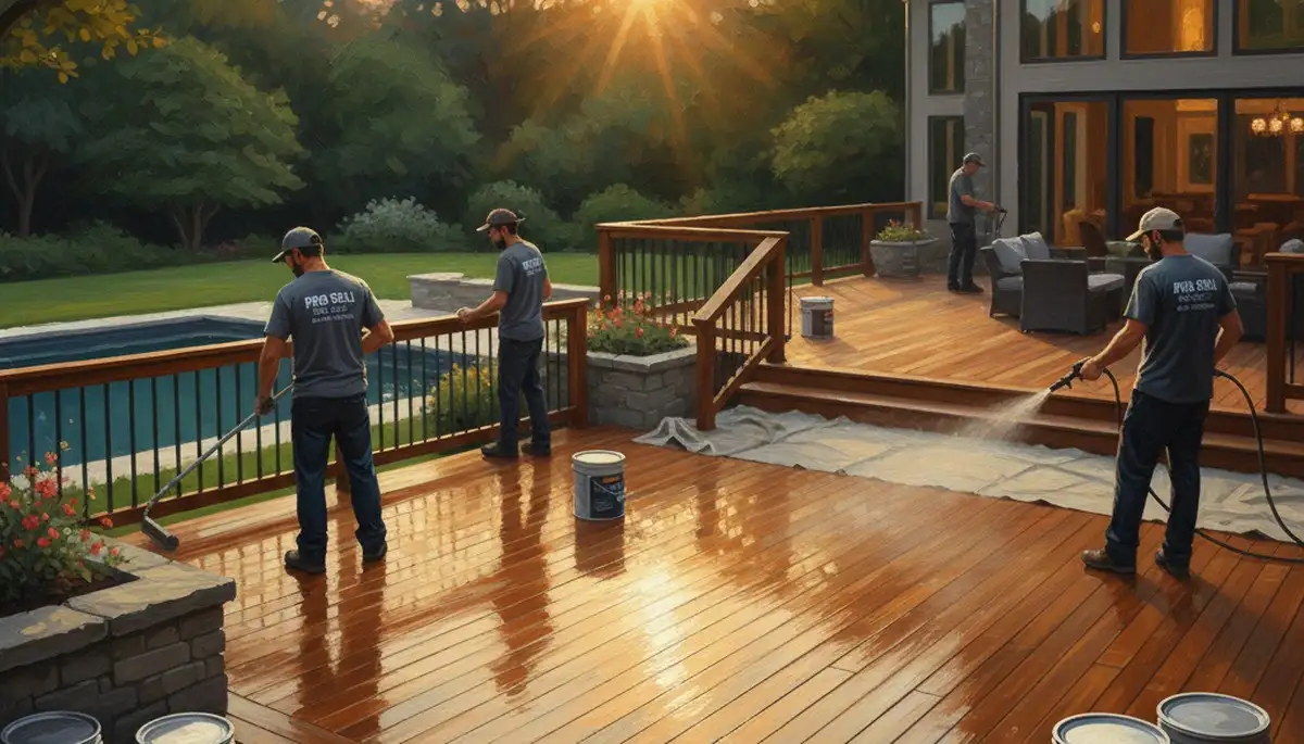 Omaha Paint Pros sealing a wood deck to protect against humidity, rain, snow, and freeze-thaw damage